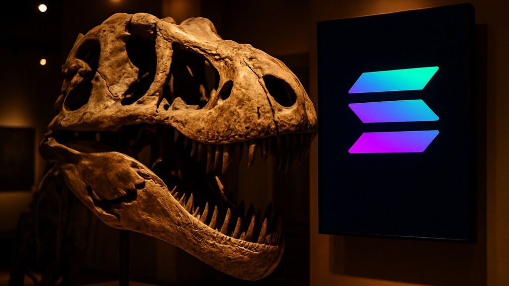 Gefossiliseerde dinosaurusschedel in de schijnwerpers naast een scherm met het Solana-logo