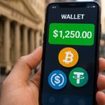 Een hand houdt een telefoon met een digitale dollar-wallet vast voor de gevel van een klassiek bankgebouw.