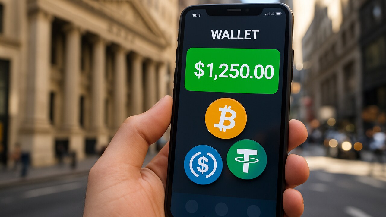 Een hand houdt een telefoon met een digitale dollar-wallet vast voor de gevel van een klassiek bankgebouw.