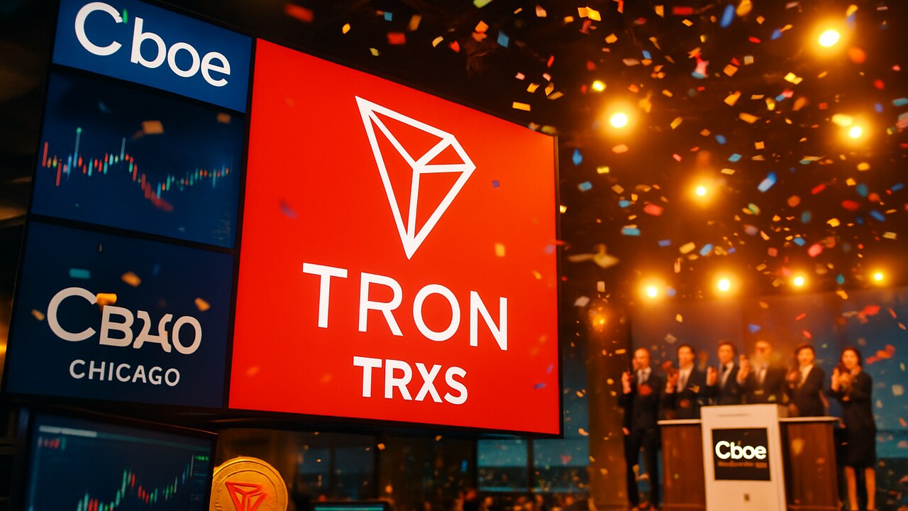 Beursvloer van Cboe in Chicago met het rode TRON-logo en de ticker TRXS op grote schermen tijdens een slotbelceremonie met confetti
