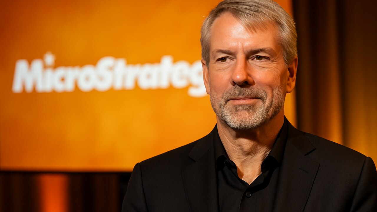 Michael Saylor van Strategy voor een groot Strategy-logo tijdens een persmoment