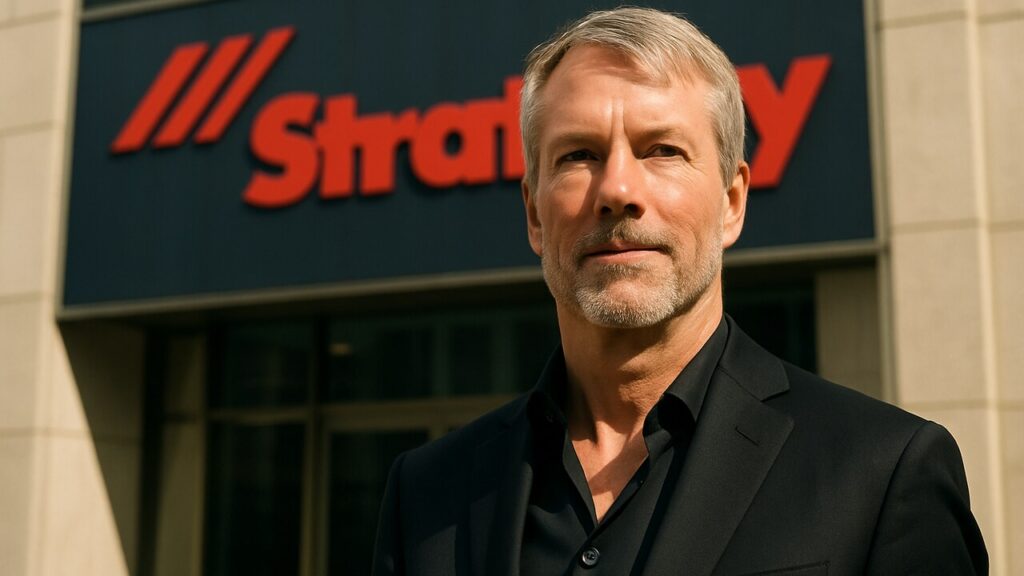 Michael Saylor van Strategy voor een gebouw met het bedrijfslogo