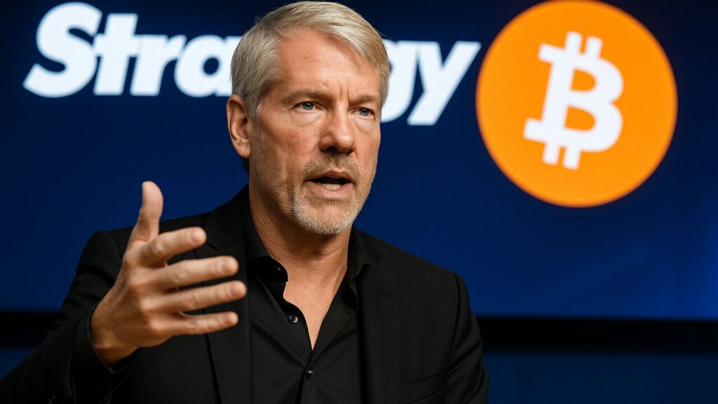 Michael Saylor spreekt bij een persmoment, met op de achtergrond het Strategy-logo en een oranje bitcoin-symbool