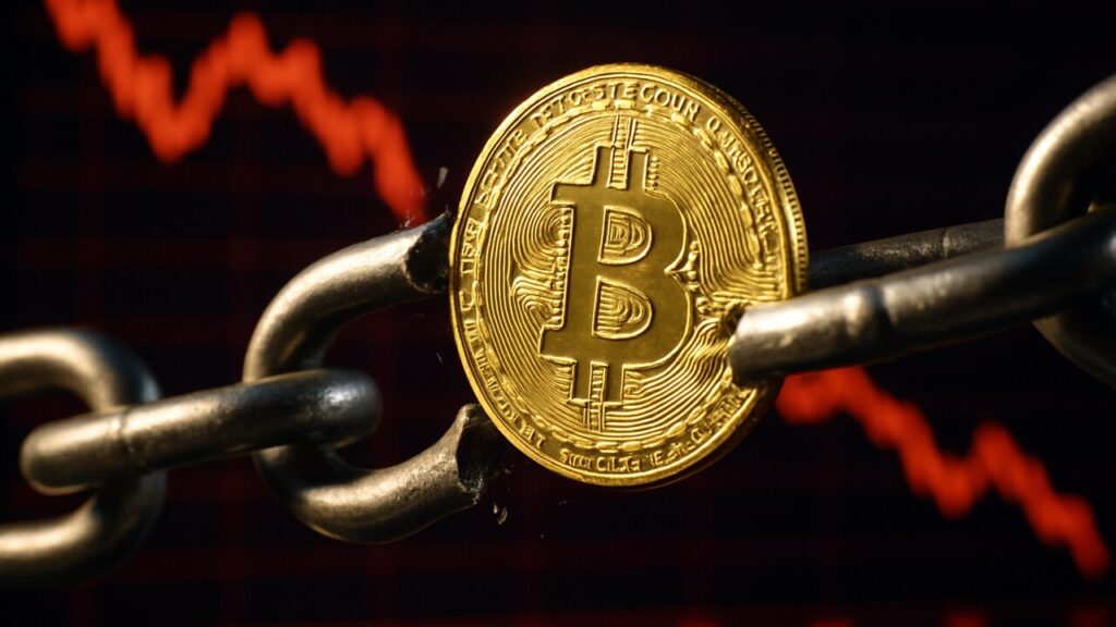 Een brekende ketting met een fysieke Bitcoin-munt, symbool voor de gekraakte Bitcoin-bridge van Symbiosis
