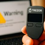 Een Trezor hardware wallet in een hand naast een laptop met een phishing-waarschuwing op het scherm