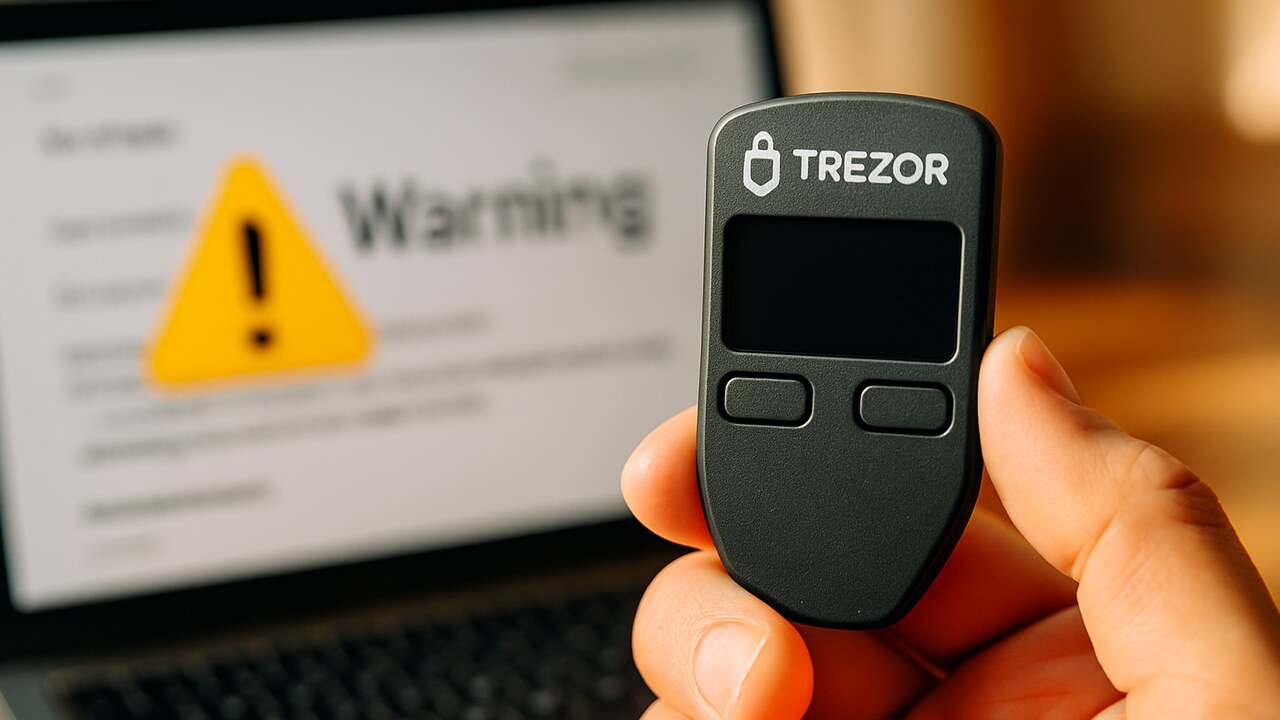 Een Trezor hardware wallet in een hand naast een laptop met een phishing-waarschuwing op het scherm
