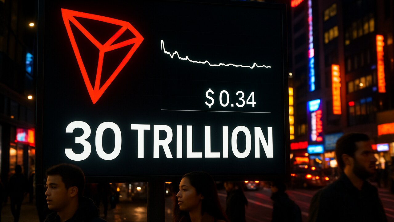 Digitaal billboard met het rode Tron-logo, een vlakke koerslijn en het getal 30 biljoen boven een drukke straat