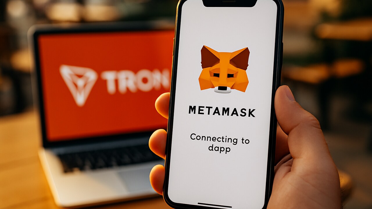 Smartphone met MetaMask-logo dat verbinding maakt, met het TRON-logo op een laptopscherm op de achtergrond