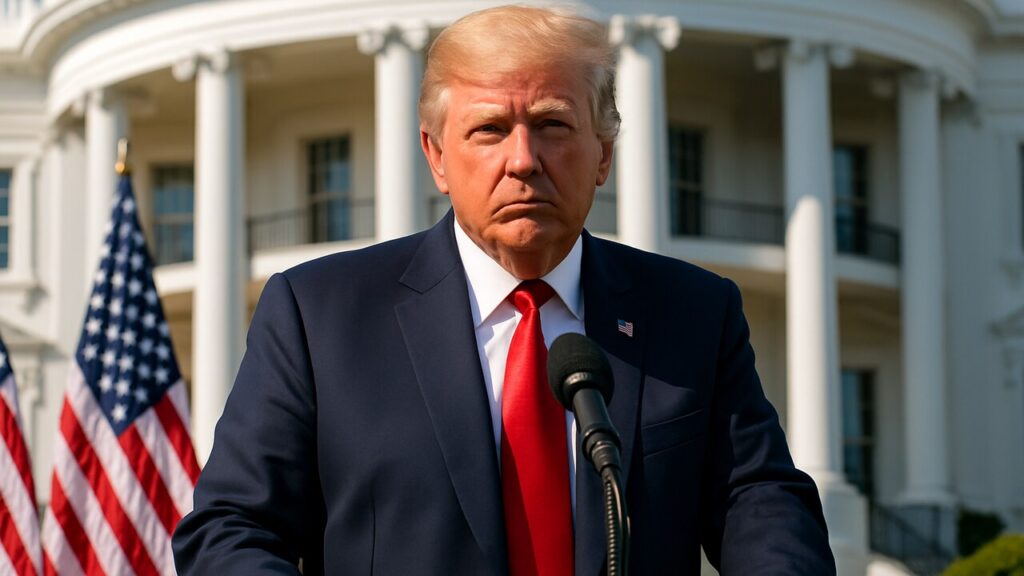 Donald Trump spreekt vanachter een katheder op het gazon van het Witte Huis