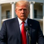 Donald Trump spreekt vanachter een katheder op het gazon van het Witte Huis