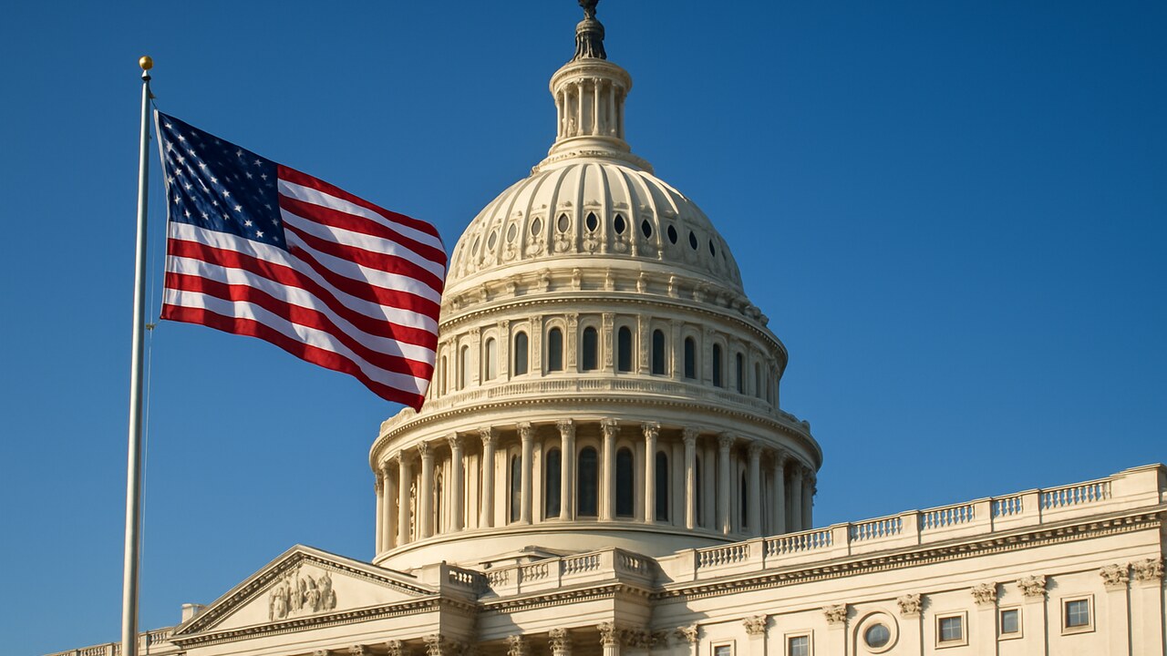 Het Capitool in Washington met een grote Amerikaanse vlag, symbool voor de CLARITY Act-wetgeving