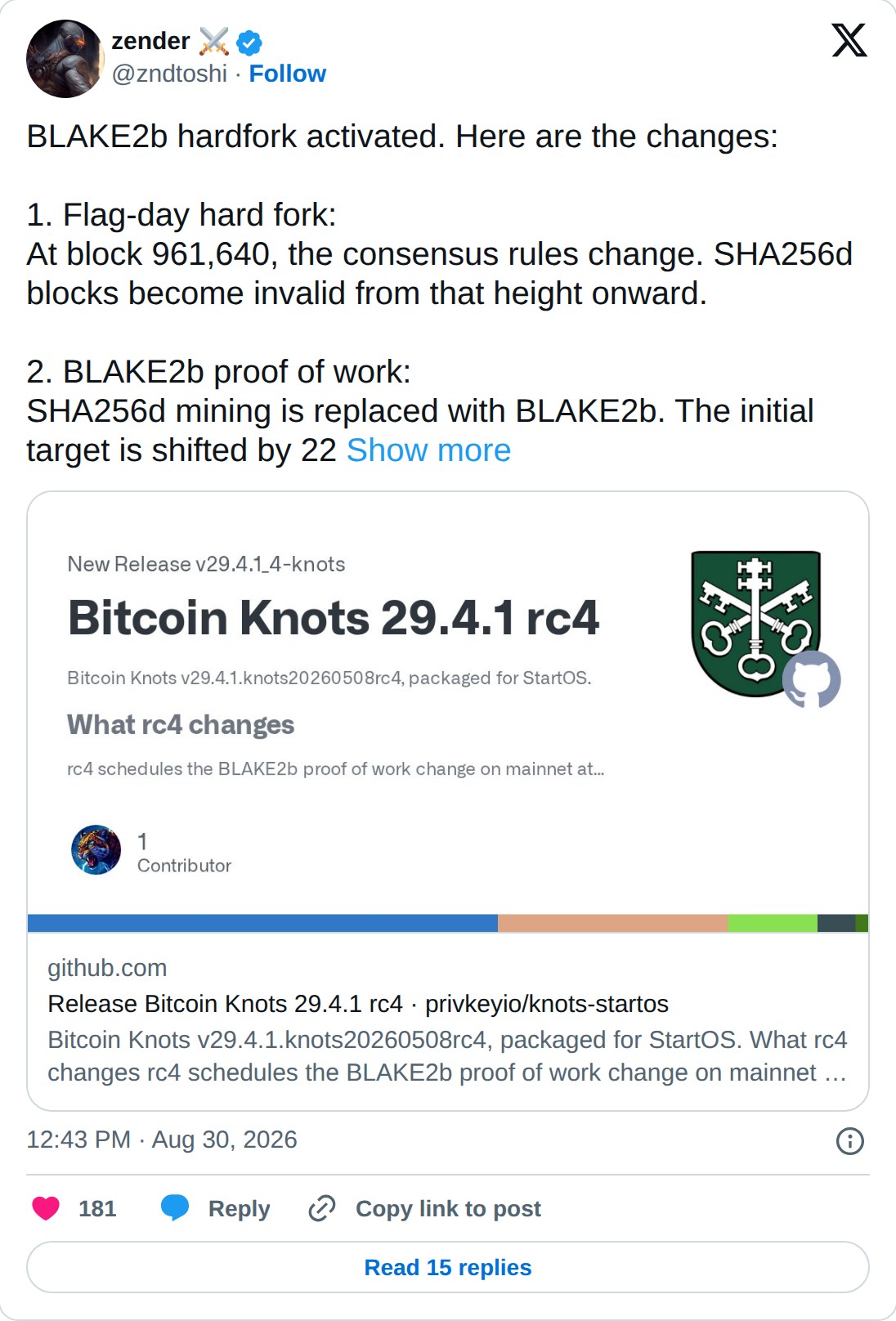 @zndtoshi op X: zender @zndtoshi · Follow BLAKE2b hardfork activated. Here are the changes: 1. Flag-day hard fork: At block 961,640, the consensus rules change. SHA256d blocks become invalid from that height onward. 2. BLAKE2b proof of work: SHA256d mining is replaced with BLAKE2b. The initial targe