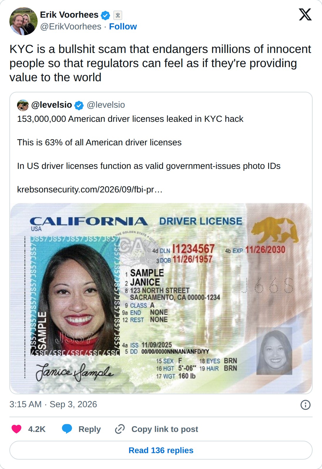 @ErikVoorhees op X: Erik Voorhees @ErikVoorhees · Follow KYC is a bullshit scam that endangers millions of innocent people so that regulators can feel as if they're providing value to the world @levelsio @levelsio 153,000,000 American driver licenses leaked in KYC hack This is 63% of all American dr