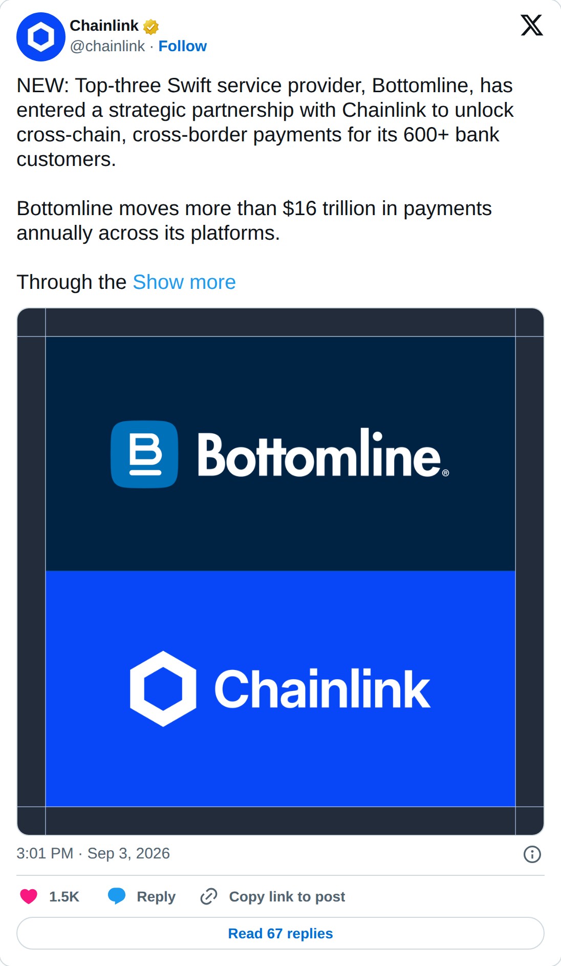 @chainlink op X: Chainlink @chainlink · Follow NEW: Top-three Swift service provider, Bottomline, has entered a strategic partnership with Chainlink to unlock cross-chain, cross-border payments for its 600+ bank customers. Bottomline moves more than $16 trillion in payments annually across its platf