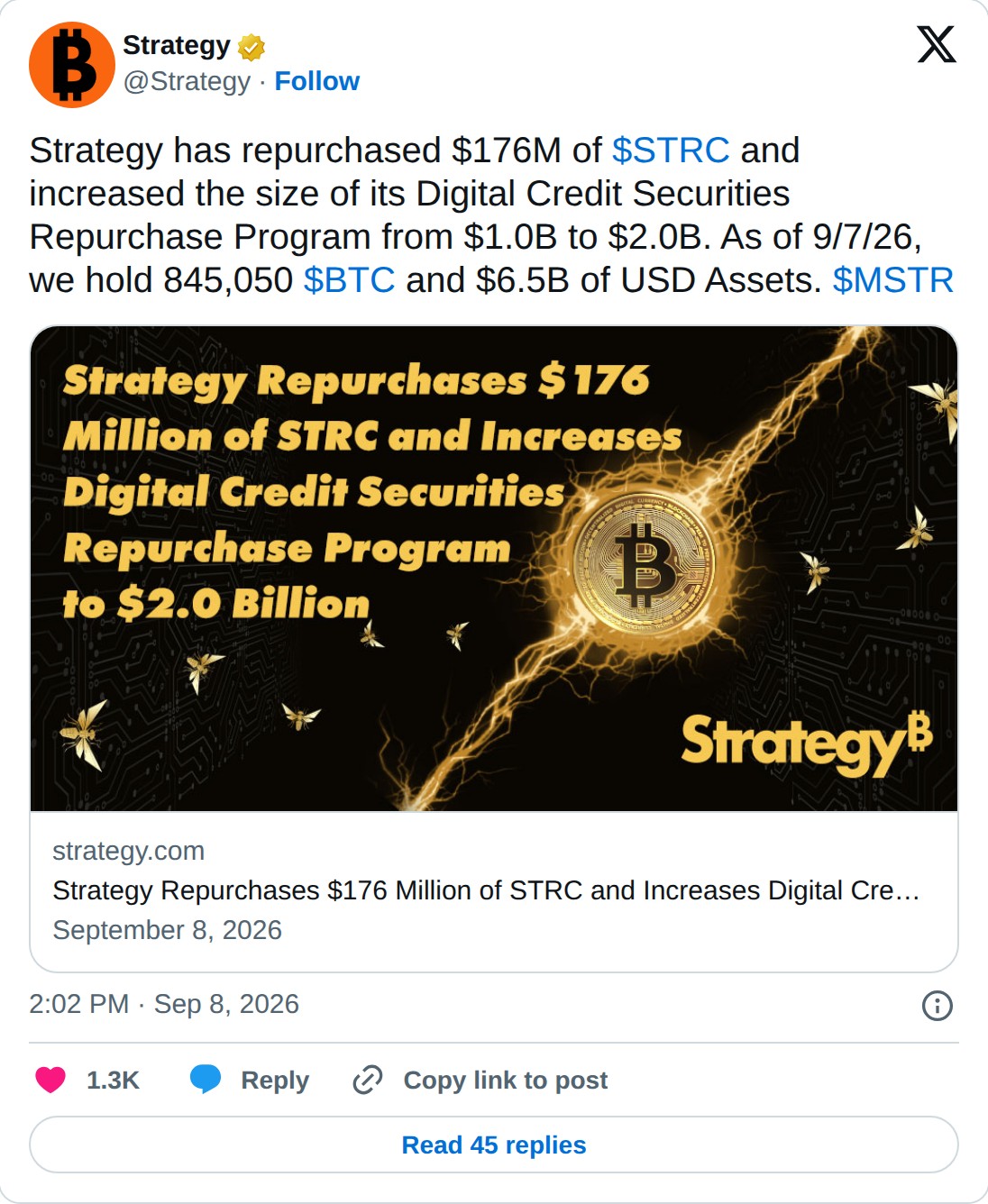 @Strategy op X: Strategy @Strategy · Follow Strategy has repurchased $176M of $STRC and increased the size of its Digital Credit Securities Repurchase Program from $1.0B to $2.0B. As of 9/7/26, we hold 845,050 $BTC and $6.5B of USD Assets. $MSTR strategy.com Strategy Repurchases $176 Million of STRC