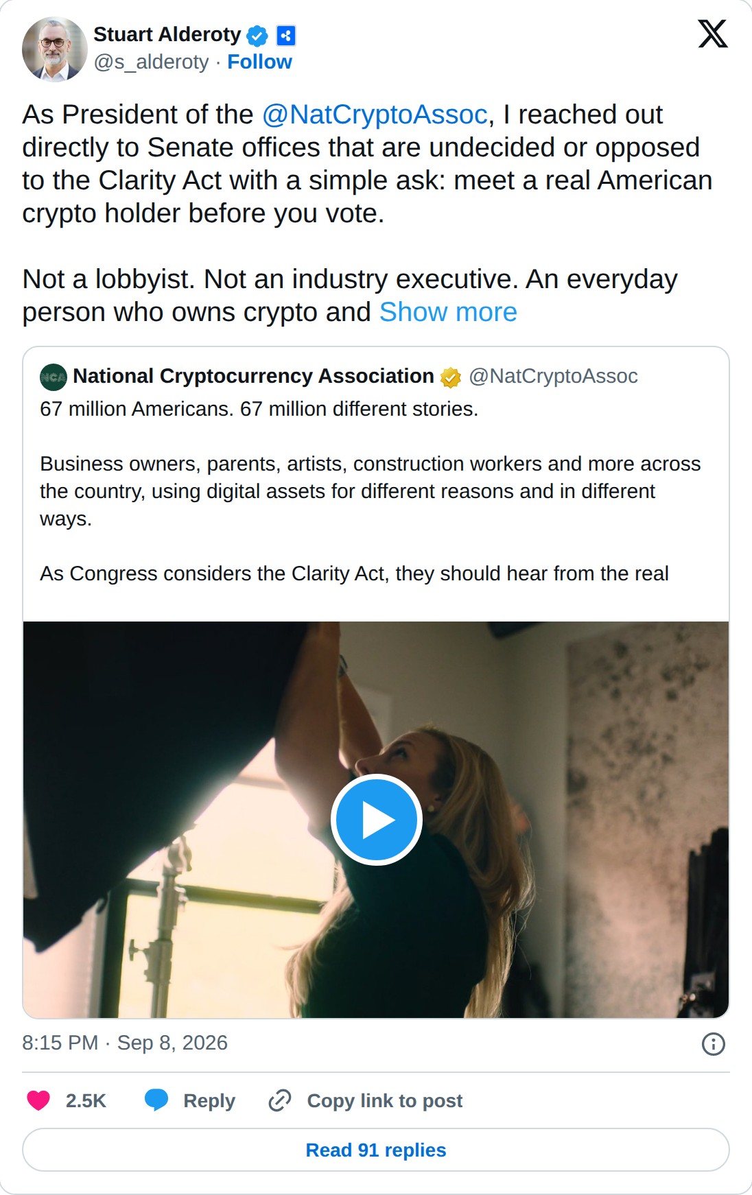 @s_alderoty op X: Stuart Alderoty @s_alderoty · Follow As President of the @NatCryptoAssoc, I reached out directly to Senate offices that are undecided or opposed to the Clarity Act with a simple ask: meet a real American crypto holder before you vote. Not a lobbyist. Not an industry executive. An e