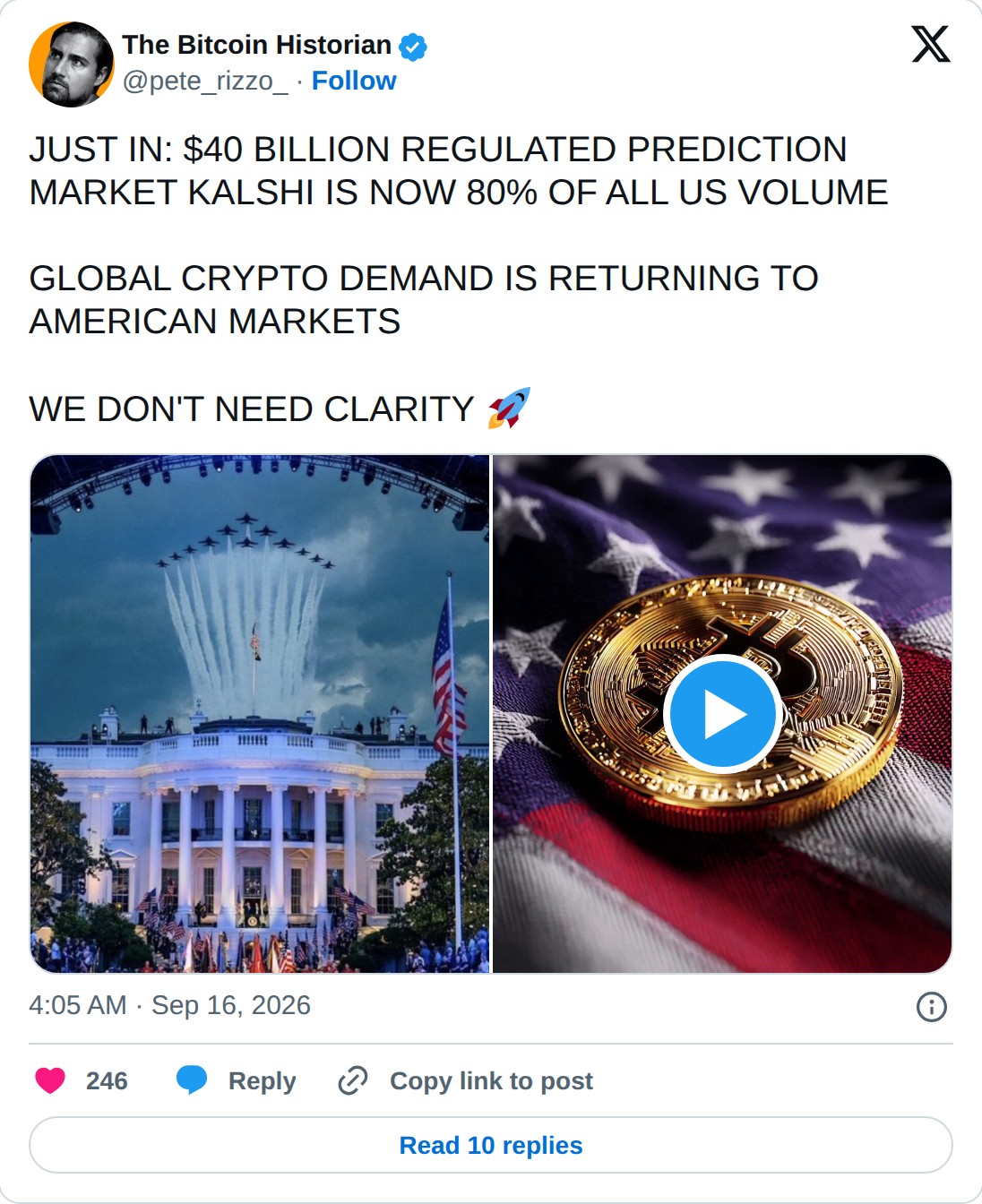 @pete_rizzo_ op X: The Bitcoin Historian @pete_rizzo_ · Follow JUST IN: $40 BILLION REGULATED PREDICTION MARKET KALSHI IS NOW 80% OF ALL US VOLUME GLOBAL CRYPTO DEMAND IS RETURNING TO AMERICAN MARKETS WE DON'T NEED CLARITY 4:05 AM · Sep 16, 2026 246 Reply Copy link to post Read 10 replies