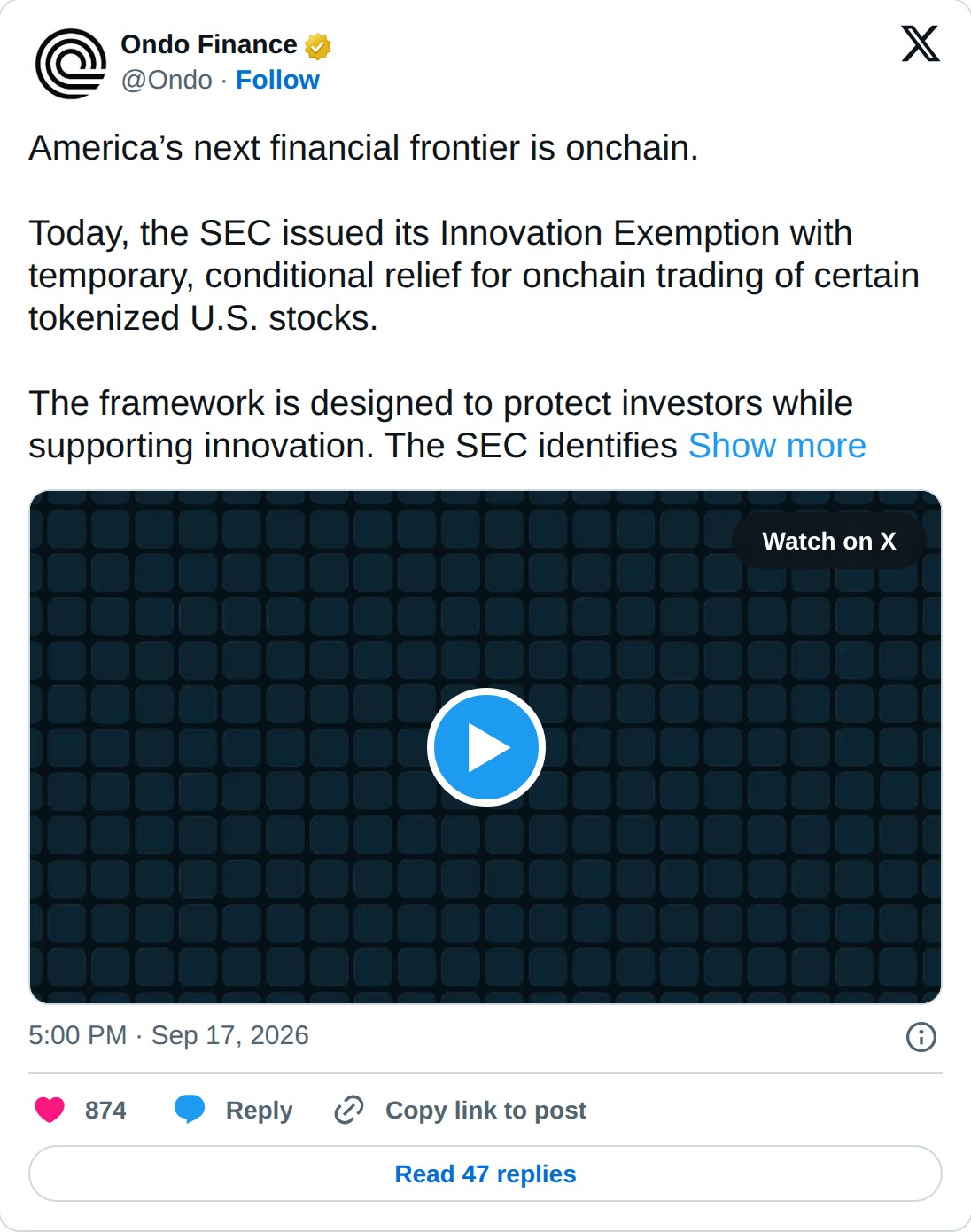 @Ondo op X: Ondo Finance @Ondo · Follow America’s next financial frontier is onchain. Today, the SEC issued its Innovation Exemption with temporary, conditional relief for onchain trading of certain tokenized U.S. stocks. The framework is designed to protect investors while supporting innovation. Th