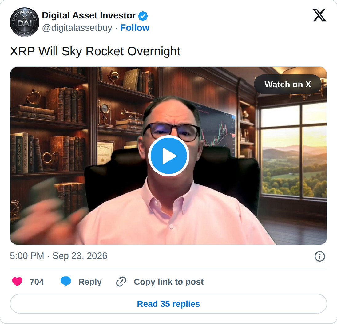 @digitalassetbuy op X: Digital Asset Investor @digitalassetbuy · Follow XRP Will Sky Rocket Overnight Watch on X 5:00 PM · Sep 23, 2026 704 Reply Copy link to post Read 35 replies
