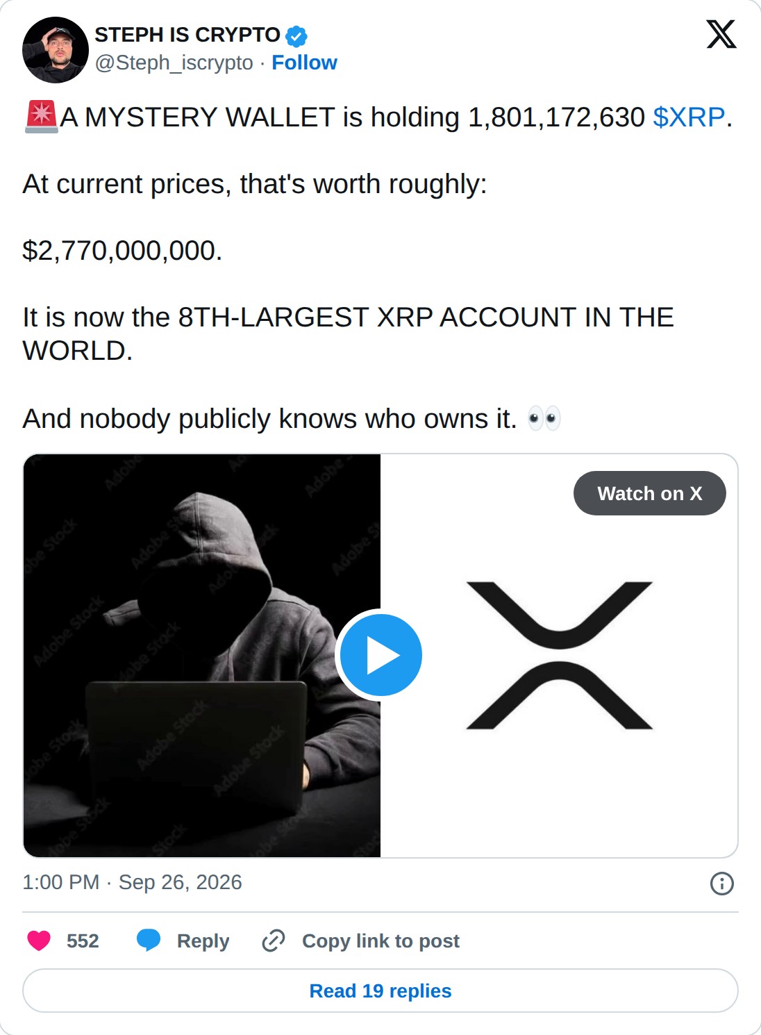 @Steph_iscrypto op X: STEPH IS CRYPTO @Steph_iscrypto · Follow A MYSTERY WALLET is holding 1,801,172,630 $XRP. At current prices, that's worth roughly: $2,770,000,000. It is now the 8TH-LARGEST XRP ACCOUNT IN THE WORLD. And nobody publicly knows who owns it. Watch on X 1:00 PM · Sep 26, 2026 552 Rep
