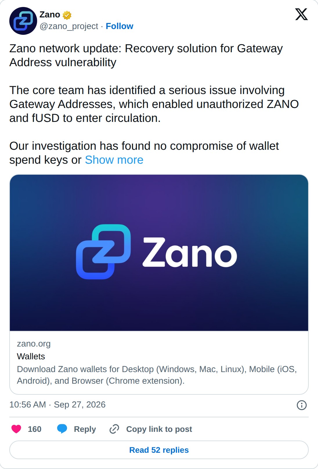 @zano_project op X: Zano @zano_project · Follow Zano network update: Recovery solution for Gateway Address vulnerability The core team has identified a serious issue involving Gateway Addresses, which enabled unauthorized ZANO and fUSD to enter circulation. Our investigation has found no compromise 