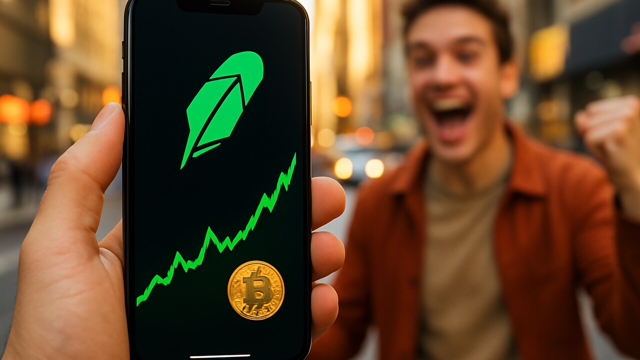 Smartphone met de Robinhood-app en een stijgende groene crypto-grafiek op straat