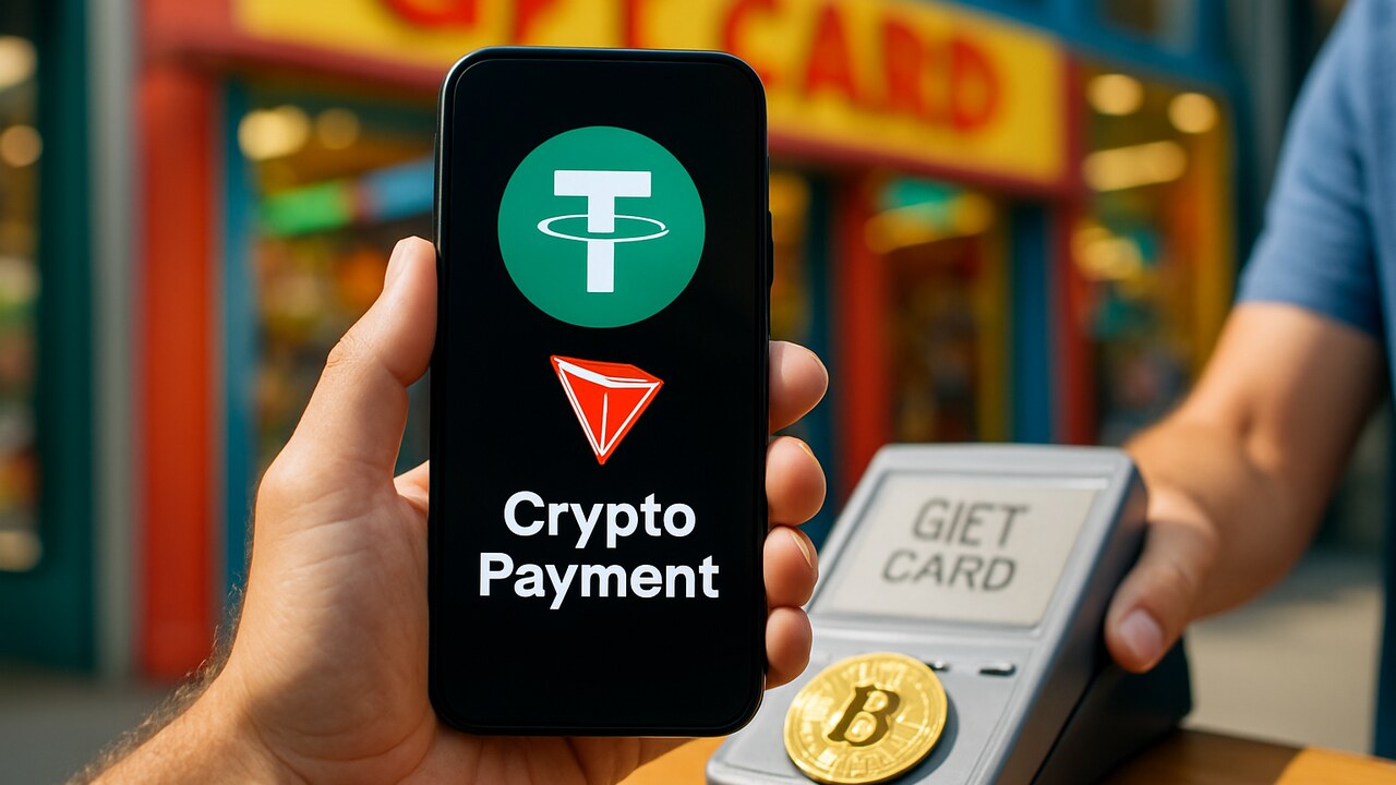 Persoon rekent buiten bij een winkel af met een telefoon waarop het USDT- en TRON-logo te zien zijn