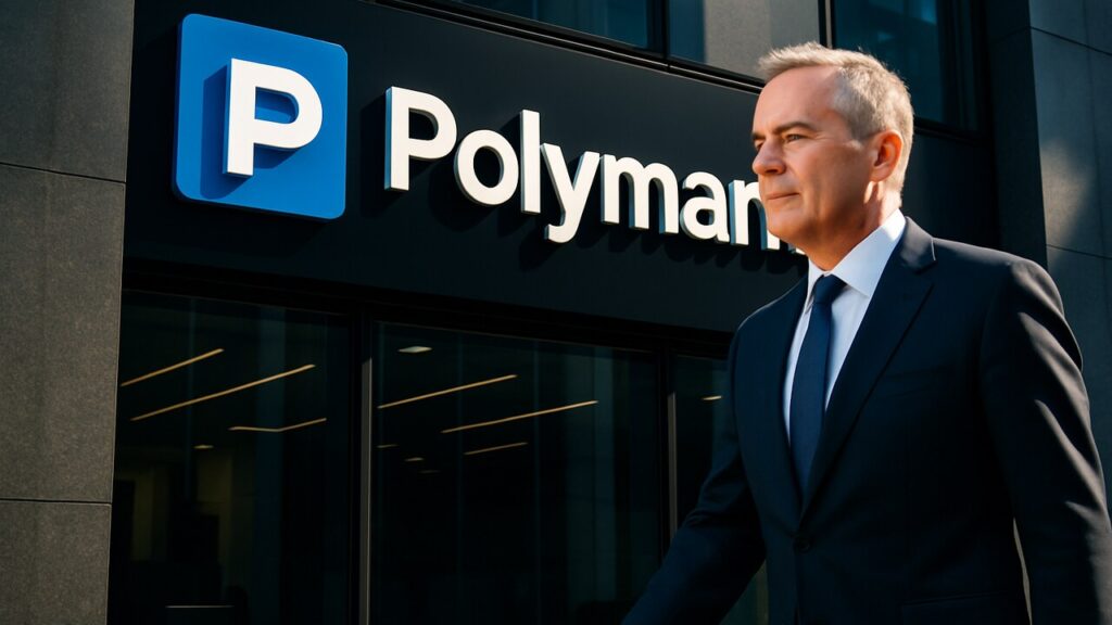 Gevel met groot Polymarket-logo en een man in pak op straat