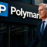Gevel met groot Polymarket-logo en een man in pak op straat