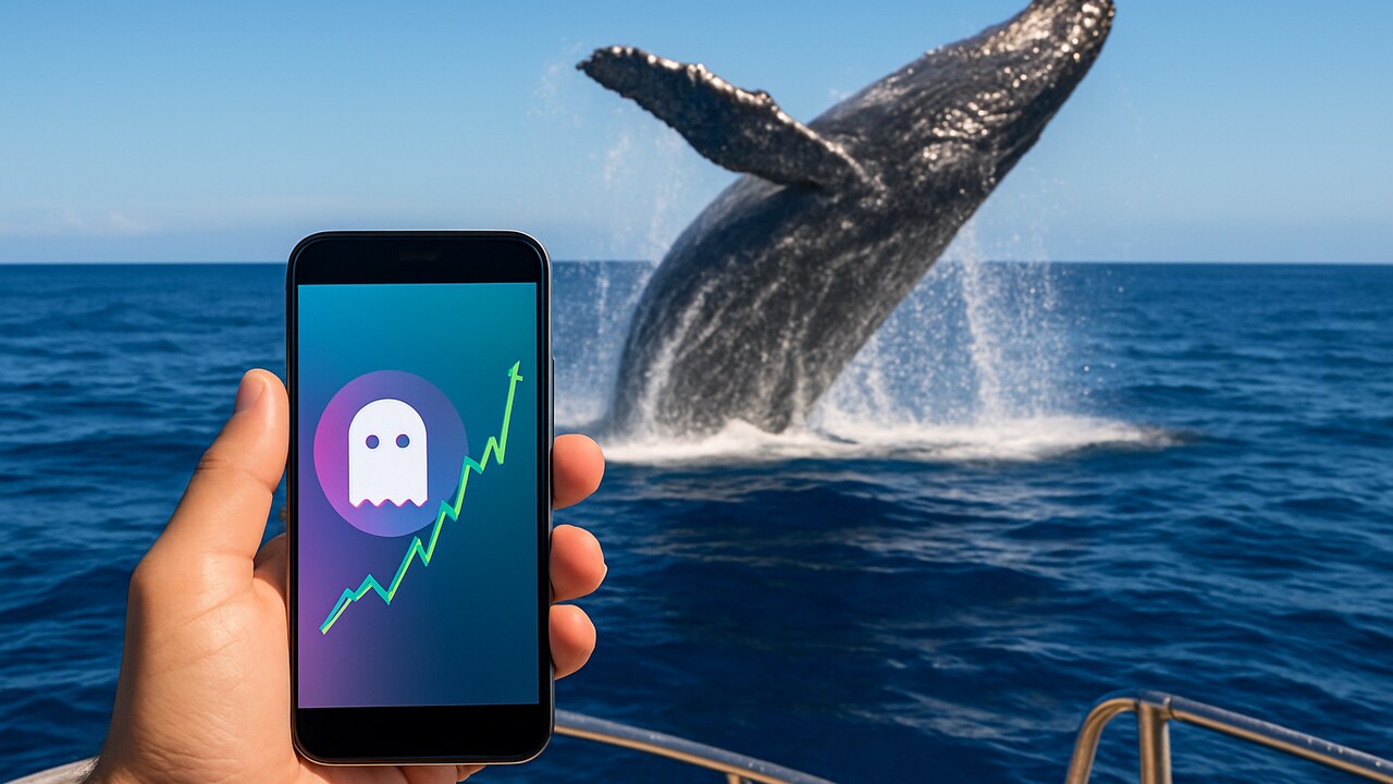 Smartphone met het Aave-logo en een stijgende groene grafiek, met op de achtergrond een bultrug die uit de zee springt