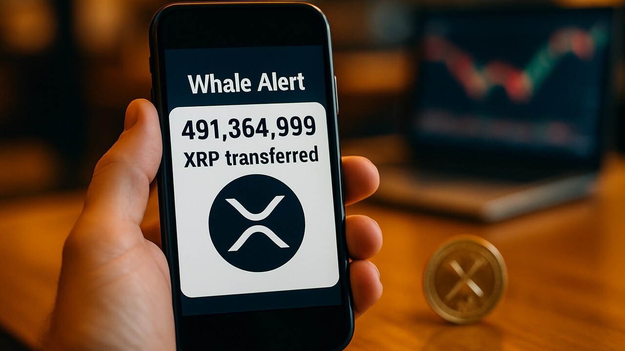 Smartphone toont een melding van een grote XRP-transactie met het XRP-logo op het scherm