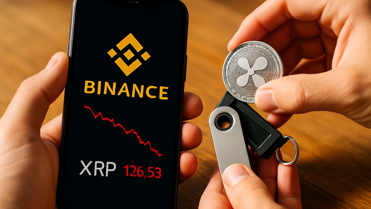 Een telefoon met het Binance-logo en fysieke XRP-munten die in een hardware wallet worden gelegd