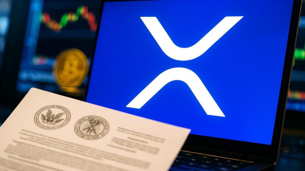 Groot XRP-logo op een helder scherm naast een officieel ogend regelgevingsdocument