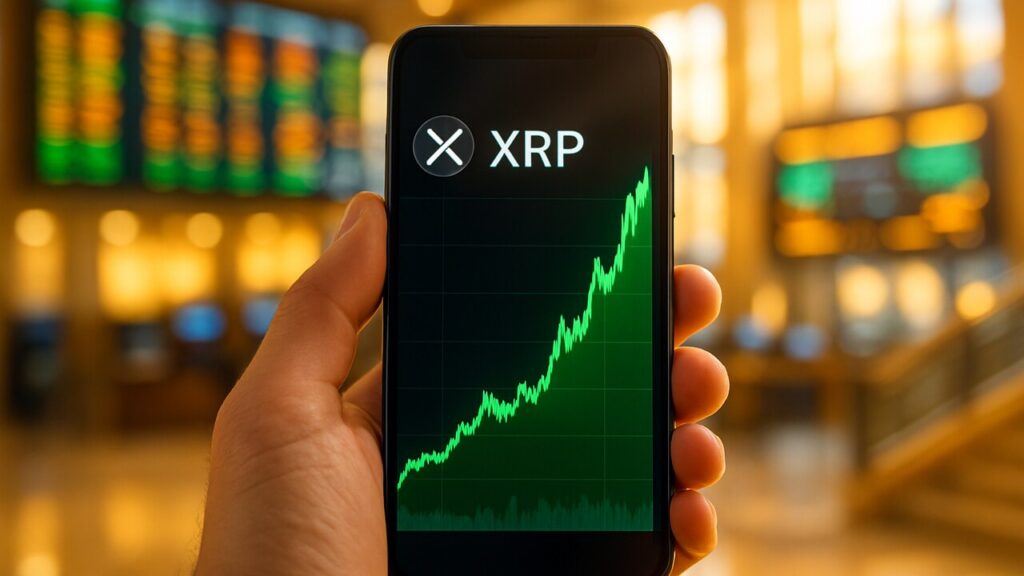 Smartphone met stijgende groene XRP-grafiek voor een beursvloer met lichtpanelen