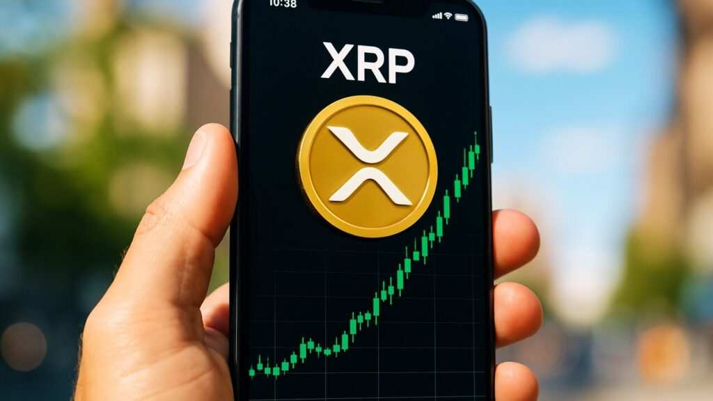 Smartphone met een beleggingsapp die een stijgende XRP-grafiek en het XRP-logo toont