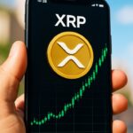 Smartphone met een beleggingsapp die een stijgende XRP-grafiek en het XRP-logo toont