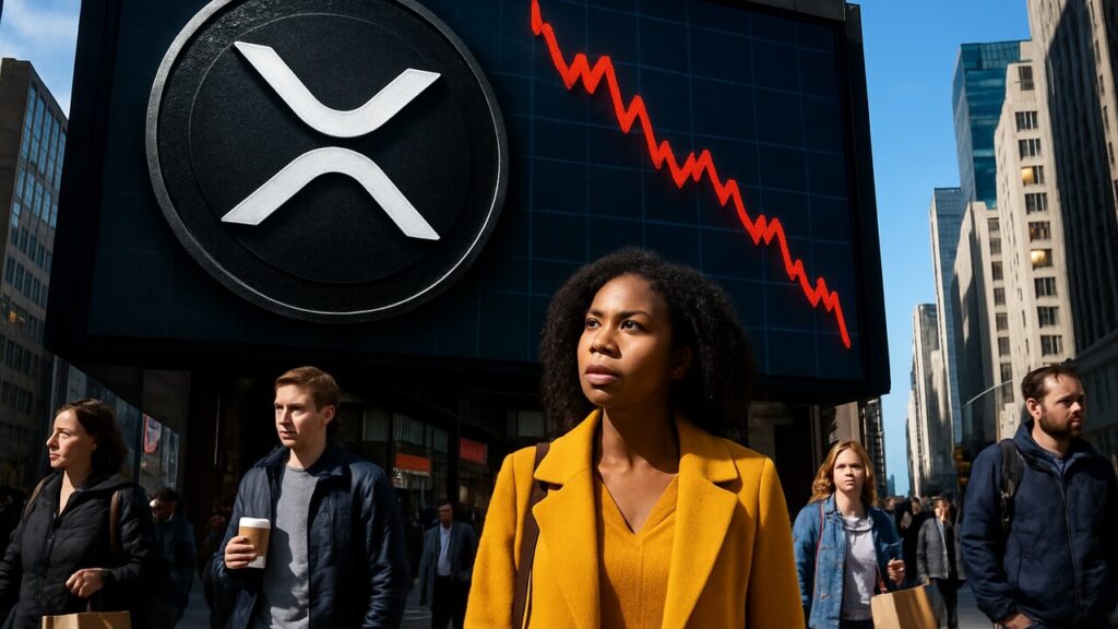 Groot reclamescherm in een drukke straat met het XRP-logo en een dalende rode koersgrafiek, voorbijgangers kijken omhoog