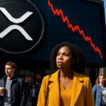 Groot reclamescherm in een drukke straat met het XRP-logo en een dalende rode koersgrafiek, voorbijgangers kijken omhoog