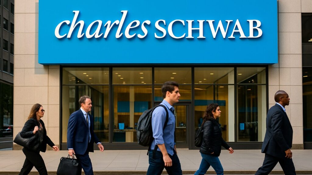 Gevel van een Charles Schwab-gebouw met duidelijk zichtbaar logo, gefotografeerd vanaf straatniveau