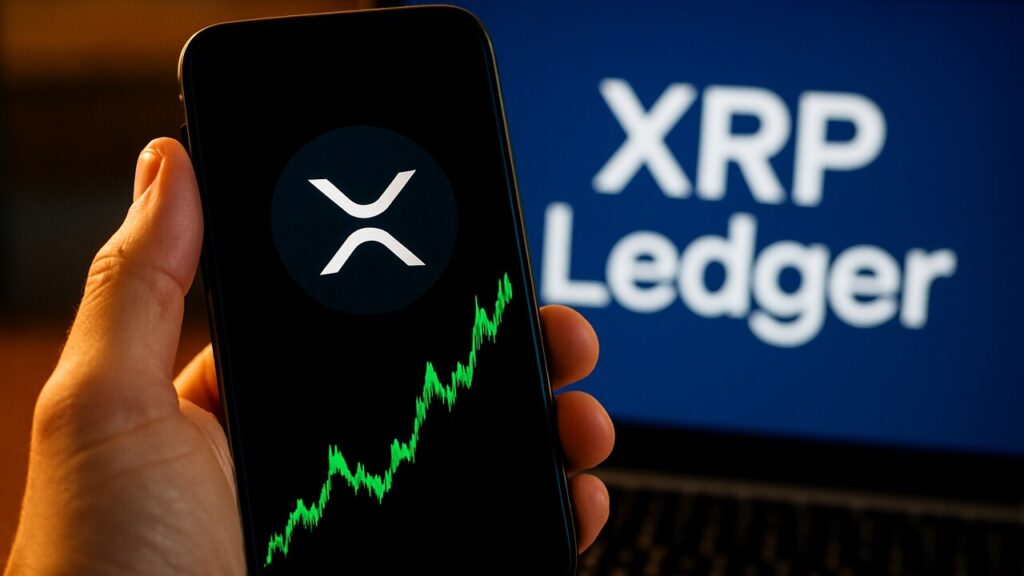 Smartphone met het XRP-logo en een stijgende groene grafiek, met de XRP Ledger op de achtergrond