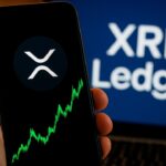 Smartphone met het XRP-logo en een stijgende groene grafiek, met de XRP Ledger op de achtergrond