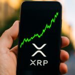 Smartphone met een stijgende groene XRP-koersgrafiek en het XRP-logo op het scherm