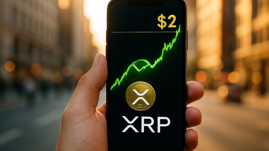 Smartphone toont een stijgende XRP koersgrafiek richting 2 dollar met het XRP-logo