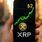 Smartphone toont een stijgende XRP koersgrafiek richting 2 dollar met het XRP-logo