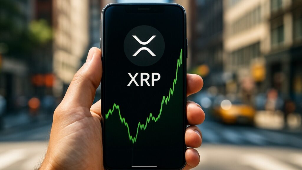 Smartphone met een groen herstellende XRP koersgrafiek en het XRP-logo, buiten op straat