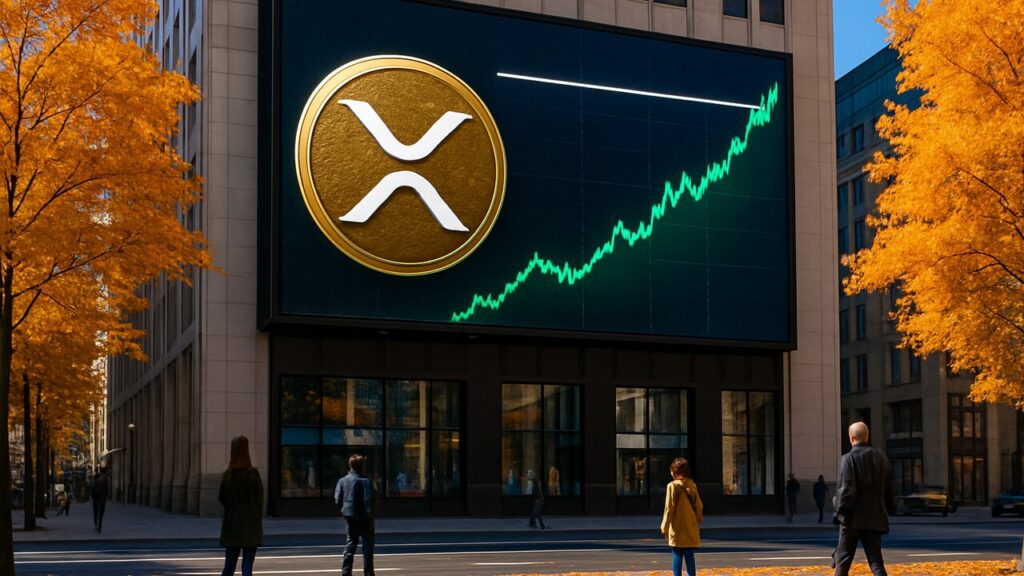 Groot digitaal reclamebord met het XRP-logo en een groene stijgende koersgrafiek die tegen een horizontale lijn aanloopt, in een herfstige straat