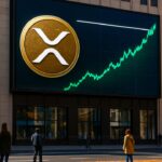 Groot digitaal reclamebord met het XRP-logo en een groene stijgende koersgrafiek die tegen een horizontale lijn aanloopt, in een herfstige straat