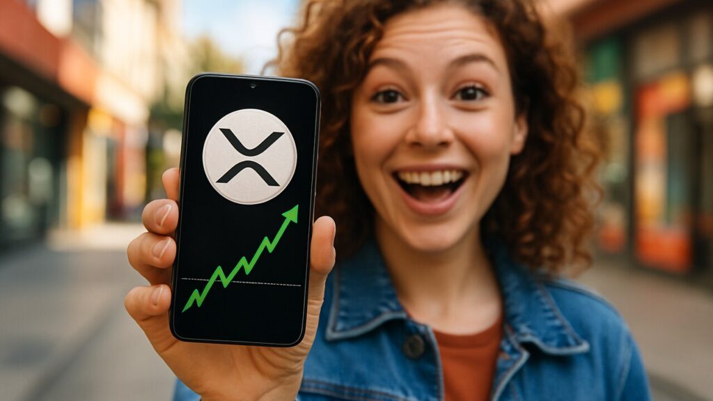 Jonge vrouw op straat houdt een smartphone omhoog met het XRP-logo en een stijgende groene koersgrafiek