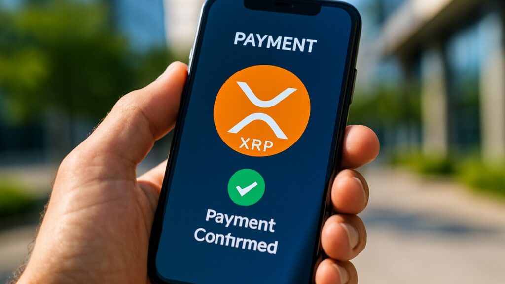Smartphone met het XRP-logo op het scherm dat een betaling toont, in een hand buiten in daglicht