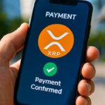 Smartphone met het XRP-logo op het scherm dat een betaling toont, in een hand buiten in daglicht